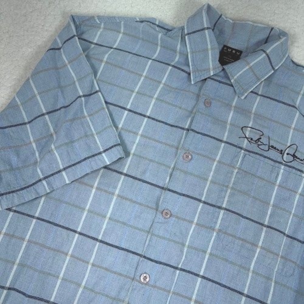 FUBU The Collection Button Up Shirt Mens XL Blue Plaid Short‎ Sleeve Y2K Jeans
